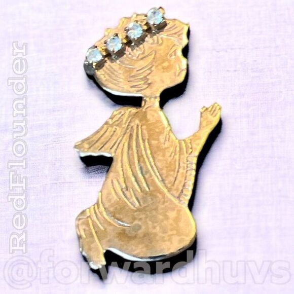 Vintage Gold Tone Angel Praying with Rhinestone Halo Brooch - Picture 3 of 9